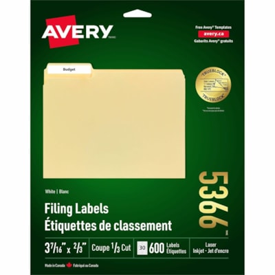 Avery® - Étiquettes de classement TrueBlock(tm) - hauteur de 2/3 po (16,92 mm) x largeur de 3 7/16 po (87,30 mm) - Permanent Adhésif - Rectangulaires - Laser, Jet d'encre - Blanc - Papier - 30 / Feuille - 600 Total d'étiquette(s) - 600 / emballage BLANCHES 3-7/16 X 2/3 600/PQT 31147-SNC