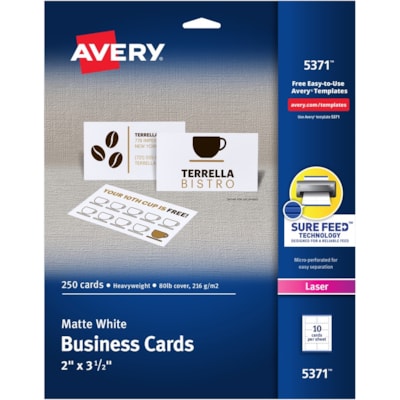 Avery® Business Cards Laser and Inkjet White 250/pkg - 97 Brightness - A8 - 2" x 3 1/2" - 80 lb (36287.39 g) Basis Weight - 216 g/m² Grammage - Heavyweight, Perforated, Jam-free, Tear-off Card, Smooth Edge, Smear-free, Uncoated, Recyclable - White - 250 / Pack MICROPERFORATED LASER PRINTER 80LBS MATTE WHITE