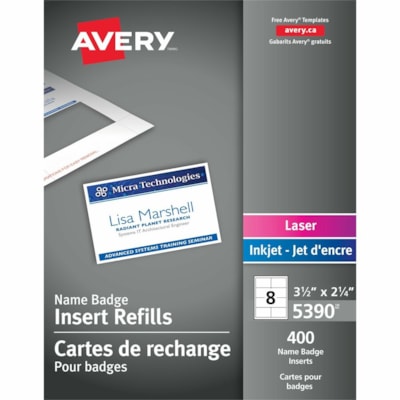 Avery® Name Badge Insertsfor Laser and Inkjet Printers, 2-1/4 x 3-1/2 - 2 1/4" (57.15 mm) Height x 3 1/2" (88.90 mm) Width - Laser, Inkjet - White - Card Stock - 400 / Box 50 PERFORATED SHEETS 400 TAGS AVERY