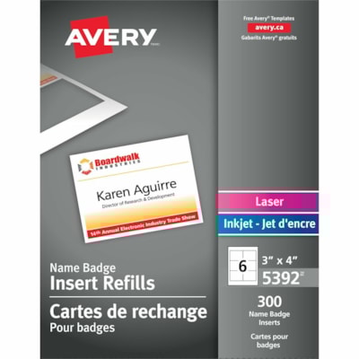 Avery® Name Badge Insertsfor Laser and Inkjet Printers, 3" x 4" - 3" (76.20 mm) Height x 4" (101.60 mm) Width - Laser, Inkjet - White - Card Stock - 300 / Box 300/BOX FOR 05393 & 05384 