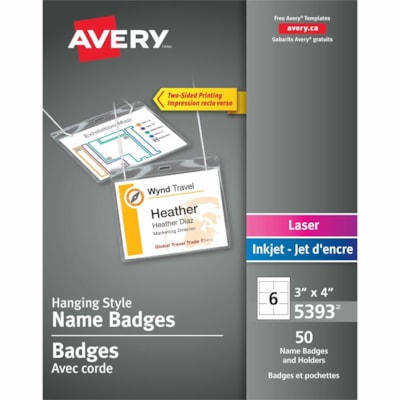 Avery® - Kit de badge nominatif suspendu pour imprimantes laser et à jet d'encre, 3" x 4" - 50 / boîte SE MET AU COU  54 ÉTIQUETTES 50 SUPPORTS À BADGE & FICELLES