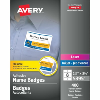 Avery® Flexible Name Badgesfor Laser and Inkjet Printers, 3-3/8" x 2-1/3" , White - 2 1/3" (59.26 mm) Height x 3 3/8" (85.73 mm) Width - Removable Adhesive - Rectangle - Laser, Inkjet - Matte - White - Film - PVC-free, Removable, Curl Resistant, Flexible, Customizable - 8 / Sheet - 50 Total Shee SELF-ADHESIVE FOR LASER PRINTR 50 SHEETS 400 LABELS AVERY