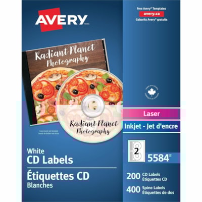 Avery® CD Labelsfor Laser Printers - - HeightPermanent Adhesive - Laser - White - Peel-off - 200 / Box PERMANENT 200DISC LABELS/BX 400SPINE LABELS SOFTWARE INCL.