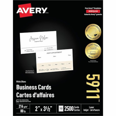 Avery® Printable Business Cards, 2" x 3.5" , White, 2500 Cards (05911) - 97 Brightness - 80 lb (36287.39 g) Basis Weight - 216 g/m² Grammage - Uncoated, Perforated, Recyclable, Printable - White - 2500 / Box MICROPERFORATED LASER PRINTER 80LBS MATTE WHITE