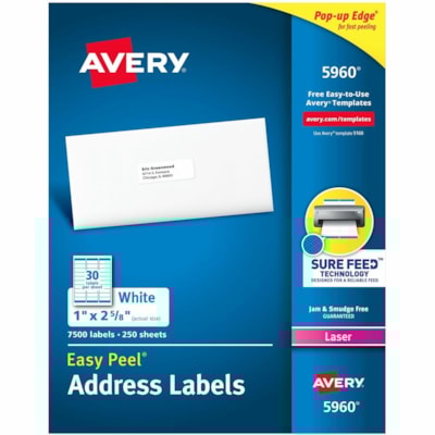 Avery® White Rectangle Labels with Sure Feed(tm) TechnologyEasy Peel®, 1" x 2-5/8" , for Laser and Inkjet Printers - 1" (25.40 mm) Height x 2 5/8" (66.68 mm) Width - Permanent Adhesive - Rectangle - Laser - Matte - White - Paper - Permanent Adhesive, Peel & Stick, Smudge-free - 30 / Sheet 2 5/8X1 PERMANENT ADHESIVE BOX/7500 AVERY 30LB/SHT