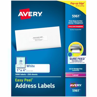 Avery® White Rectangle Labels with Sure Feed(tm) TechnologyEasy Peel®, 1" x 4" , for Laser and Inkjet Printers - 1" (25.40 mm) Height x 4" (101.60 mm) Width - Permanent Adhesive - Rectangle - Laser - Matte - White - Paper - Permanent Adhesive, Peel & Stick, Smudge-free - 20 / Sheet - 250  4 X 1 PERMANENT ADHESIVE 5000/BOX AVERY 20LB/SHT