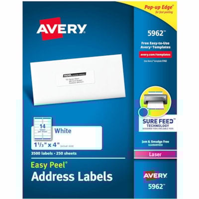Avery® White Rectangle Labels with Sure Feed(tm) TechnologyEasy Peel®, 1-1/3" x 4" , Permanent Adhesive, for Laser and Inkjet Printers - 1 21/64" (33.78 mm) Height x 4" (101.60 mm) Width - Permanent Adhesive - Rectangle - Laser - Matte - White - Paper - Permanent Adhesive, Peel & Stick, S 4 X 1 1/3  PERM.ADHESIVE BOX/3500 AVERY 14LB/SHT