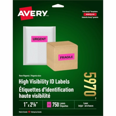 Avery® High Visibility Neon ID Labelsfor Laser and Inkjet Printers, 1" x 2-5/8" , Neon Pink - 1" (25.40 mm) Height x 2 5/8" (66.68 mm) Width - Permanent Adhesive - Rectangle - Laser - Neon Pink - Paper - 30 / Sheet - 25 Total Sheets - 750 Total Label(s) - 750 / Pack 2-5/8X1 750LABELS/ENVELOPE 