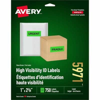 Avery® High Visibility Neon ID Labelsfor Laser and Inkjet Printers, 1" x 2-5/8" , Neon Green - 1" (25.40 mm) Height x 2 5/8" (66.68 mm) Width - Permanent Adhesive - Rectangle - Laser - Neon Green - Paper - 30 / Sheet - 25 Total Sheets - 750 Total Label(s) - 750 / Pack 750LABELS/ENVELOPE 