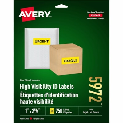 Avery® High Visibility Neon ID Labelsfor Laser and Inkjet Printers, 1" x 2-5/8" , Neon Yellow - 1" (25.40 mm) Height x 2 5/8" (66.68 mm) Width - Permanent Adhesive - Rectangle - Laser - Neon Yellow - Paper - 30 / Sheet - 25 Total Sheets - 750 Total Label(s) - 750 / Pack 750LABELS/ENVELOPE 