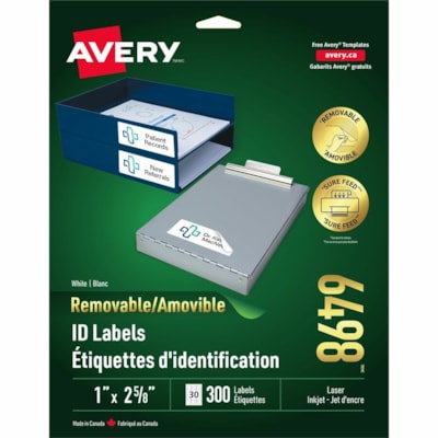 Avery® - Étiquettes d'identification amovibles - largeur de 1 po (25,40 mm) x longueur de 2 5/8 po (66,68 mm) - Amovible Adhésif - Rectangulaires - Laser - Blanc - 300 / emballage 2-5/8X1PO AMOVIBLES BLANCHES 30 PAR FEUILLE 300/PQT AVERY