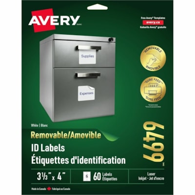 Avery® - Étiquettes d'identification amovibles - largeur de 4 po (101,60 mm) x longueur de 3 1/3 po (84,67 mm) - Amovible Adhésif - Rectangulaires - Laser - Blanc - 60 / emballage 4X3-1/3PO AMOVIBLES BLANCHES 6 PAR FEUILLE 60/PQT AVERY