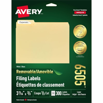 Avery® Removable Filing Labelsfor Laser and Inkjet Printers, 3-7/16" x 2/3" - 3 7/16" (87.31 mm) Width x 2/3" (16.93 mm) Length - Removable Adhesive - Rectangle - Laser - White - 300 / Pack REMOVABLE 3-7/16X2/3 30/SHT 300/PK