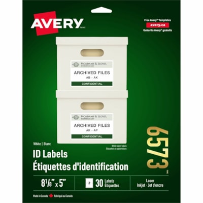 Avery® ID Labels for Laser and Inkjet Printers, 8?" x 5" - 8 1/8" (206.38 mm) Width x 5" (127 mm) Length - Permanent Adhesive - Rectangle - Laser, Inkjet - White - 2 / Sheet - 30 / Pack 8-1/8X5 30/PK 