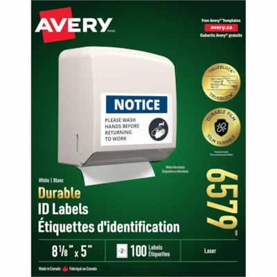 Avery® Durable ID Labelswith TrueBlock(tm) Technology for Laser Printers, 8-1/8" x 5" - Waterproof - 5" (127 mm) Height x 8 1/8" (206.38 mm) Width - Permanent Adhesive - Rectangle - Laser - White - Film - Permanent Adhesive, Durable, Heavy Duty, Scuff Resistant, Tear Resistant, Smudge Resista  
