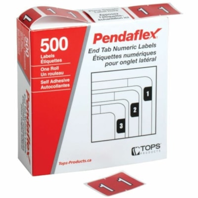 Pendaflex - Étiquettes de classement à onglets finaux numériques - #1 - Nombre - largeur de 1 1/4 po (31,75 mm) x longueur de 15/16 po (23,81 mm) - Rectangulaires - Rouge - Autocollant - 500 / boîte COMPATIBLE DATAFILE RENFORCÉ DE MYLAR  BOÎTE DE 500