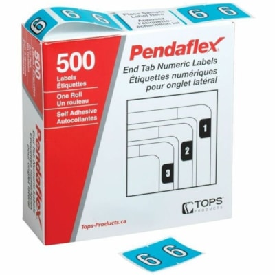 Pendaflex Numeric End Tab Filing Labels - #6 - "Number" - 1 1/4" (31.75 mm) Width x 15/16" (23.81 mm) Length - Rectangle - Blue - Self-adhesive - 500 / Box DATAFILE COMPATIBLE MYLAR LAMINATED