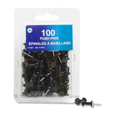 Acme United Plastic Head Push Pin - 0.25" (6.35 mm) Diameter - Black - 100 / Box BLACK  100/BX 