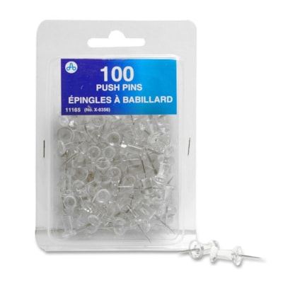Acme United Plastic Head Push Pin - 0.25" (6.35 mm) Diameter - Clear - 100 / Pack CLEAR  100/BX 