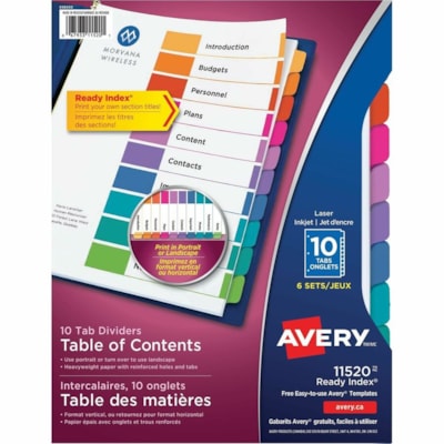 Avery® Ready Index® Table of Content Dividers, 10 tabs, 6 sets - 10 Blank Tab(s) - Multicolor Tab(s) - Recycled - Insertable - 6 / Pack COLOUR 6 ST/PK 