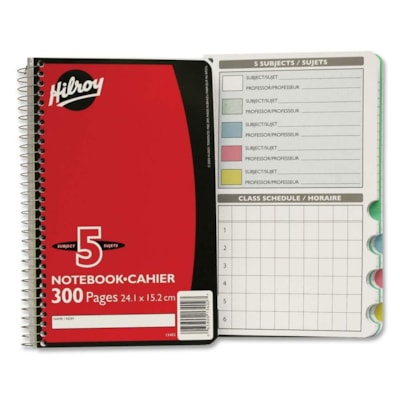 Cahier Hilroy - 300 Feuilles - Reliure spirale - 0,28 po (7 mm) Avec ligne - format 6 po (152,40 mm) x 9 1/2 po (241,30 mm) - Cover Couleurs de couverture assorties - Sujet - 1 chaque 5 SUJETS RÉGLURE SCOLAIRE AVEC MARGE ET ONGLETS