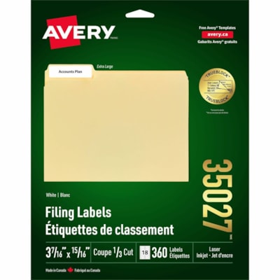 Avery® Extra Large Filing Labelswith TrueBlock(tm) Technology for Laser and Inkjet Printers, 3-7/16" x 15/16" , White - 15/16" (23.62 mm) Width x 3 7/16" (87.12 mm) Length - Rectangle - Laser, Inkjet - White - 360 / Pack 3 7/16"X15/16" LASER INKJET 