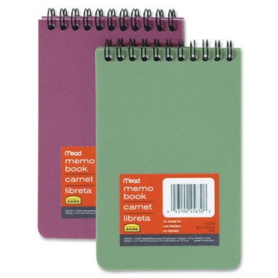 Mead Memo Book - 150 Pages - 75 Sheets - Wire Bound - 4" (101.60 mm) x 6" (152.40 mm) Sheet Size - White Paper - Black Binding - Assorted Poly Cover - Hole-punched - 1 Each 75 SHTS ASST'D COVERS BLUE GRN AQUA(METALLC) CL GREY FUCHSIA