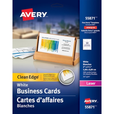 Avery® - Carte professionnelle - 2 po (50,80 mm) x 3 1/2 po (88,90 mm) - Heavyweight - Blanc - 200 / emballage POUR IMPRIM. LASER COUPE NETTE 