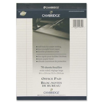 Hilroy Cambridge Office Notepad - 70 Sheets - Ruled Front Ruling - Ruled Margin - 20 lb (9071.85 g) Basis Weight - Legal - 8 1/2" (215.90 mm) x 11 3/4" (298.45 mm) Sheet Size - White Paper - Numbered, Durable Cover, Micro Perforated, Easy Tear, Stiff-back - 1 Each LINED TOP BOUND 70 SHEETS 