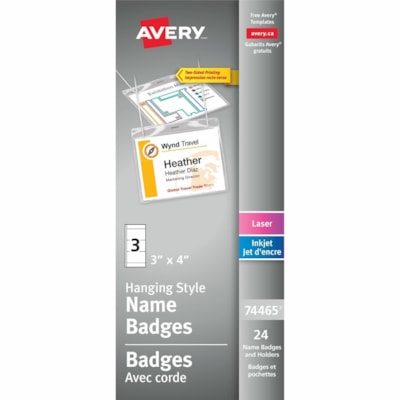 Avery® Hanging Name Badge kitfor Laser and Inkjet Printers, 4" x 3" - 24 / Pack 24/BOX - 8 SHTS/BX  3 CRDS/SHT 