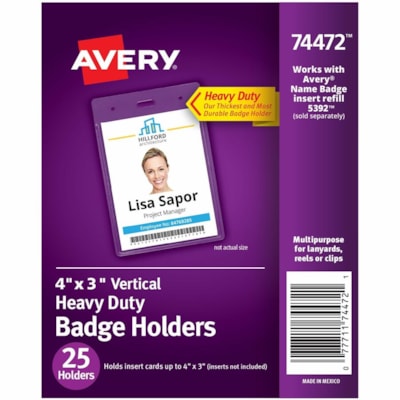 Avery® Vertical Name Badge Holders, 4" x 3" - Support 4" (101.60 mm) x 3" (76.20 mm) Media - Portrait - 3.88" (98.43 mm) Height x 2.63" (66.68 mm) Width x 0.50" (12.70 mm) Depth - Polyvinyl Chloride (PVC) - Clear - Reusable, Durable, Top Loading, Secure, Heavy Duty - 25 / Pack VERTICAL VINYL TOP LOAD 