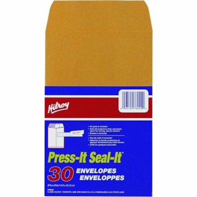 Hilroy Press-It Seal-It Kraft Envelopes, 5-7/8×9-Inch, 30 per Pack - 5 7/8" (149.23 mm) Width - Press and Seal - Canary - Kraft - 30 / Pack KRAFT - 5-7/8" X 9" - 30/PK SELF-ADHESIVE ENVELOPES