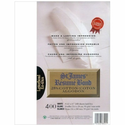 St. James® Résumé Bond, 25% Cotton, 24 lb Letter-Size Paper, White, Pack of 400, 78145 - Letter - 8 1/2" (215.90 mm) x 11" (279.40 mm) - 24 lb (10886.22 g) Basis Weight - Green Seal - Acid-free, Lignin-free - White - 400 Pack WATERMRK 25%COTTON 400PK 92BR RECYCLED W/ 30% PCW