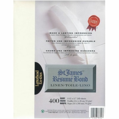 St. James® Résumé Bond, Linen, 24 lb Letter-Size Paper, Ivory, Pack of 400, 78156 - Letter - 8 1/2" (215.90 mm) x 11" (279.40 mm) - 24 lb (10886.22 g) Basis Weight - Linen - Green Seal - Acid-free, Lignin-free - Ivory - 400 Pack IVORY W/WATERMARK 400 SHTS/PK 24 LB FROM 30% CONSUMER WASTE