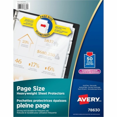 Avery® - Protège-feuilles de taille page - Pour format lettre 8 1/2 po (215,90 mm) x 11 po (279,40 mm) Feuilles - Reliure à anneaux - Rectangulaire - Clair - Polypropylène - 50 / emballage POCHETTES PROTECTRICES 8-1/2" X 11"