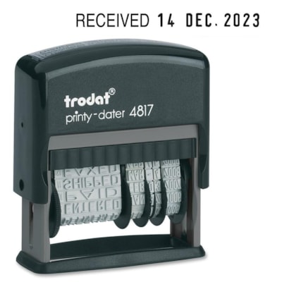 Trodat Dial-A-Phrase Date Stamp - Message/Date Stamp - ANSWERED, BACK ORDERED, CANCELLED, BILLED, CHARGED, DELIVERED, ENTERED, PAID, RECEIVED, SHIPPED, FAXED - 1 Each 3.8mm ENG  BLACK PAD 