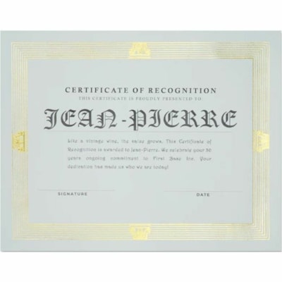 St. James® Capital Gold Foil/Linen Certificate - 24 lb (10886.22 g) Basis Weight - "Certificate of Recognition" - 8.50" (215.90 mm) Width x 11" (279.40 mm) Length - Inkjet, Laser Compatible - Gold - Paper - 12 / Pack  PAPER CAPITAL DESIGN RECYCLED W/ 30% PCW