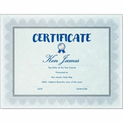 St. James® Regent Certificate - 24 lb (10886.22 g) Basis Weight - 8.50" (215.90 mm) Width x 11" (279.40 mm) Length - Inkjet, Laser Compatible - Blue, Silver - 100 / Pack  SEAL ST JAMES BOND BLUE/SILVER 100/PK RECYCLED W/ 30% PCW