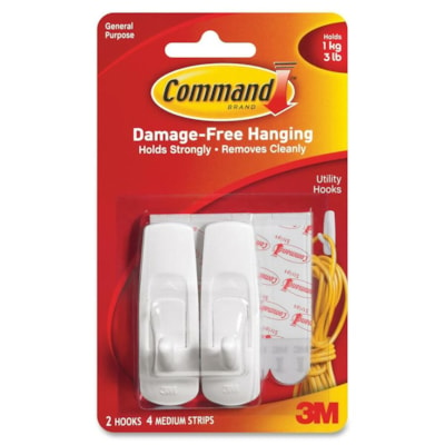 3M Reusable Command Adhesive Strip Hook - 2 Medium Hook - 3 lb (1360.78 g) Capacity - for Multipurpose - 2 / Pack 2HOOKS 4STRIPS PER PACK 