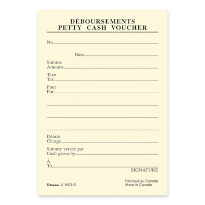 Blueline Bilingual Petty Cash Vouchers Pad - 72 Sheet(s) - Gummed - 3 1/2" (8.9 cm) x 5" (12.7 cm) Sheet Size - Yellow Sheet(s) - Recycled - 10 / Pack 72 SHEETS PER PAD BILINGUAL 30% PCW