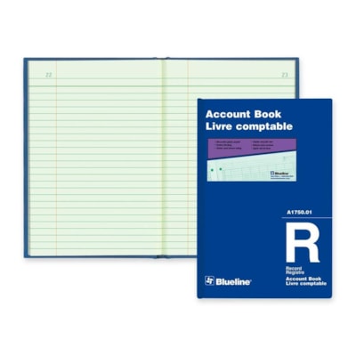 Blueline Accounting Book - 100 Sheet(s) - Perfect Bind - 5 43/64" (14.4 cm) x 8 1/4" (21 cm) Sheet Size - Green Sheet(s) - Blue Cover - Recycled - 1 Each 100 NUMBERED PAGES  RECORD HARD BLUE COVER