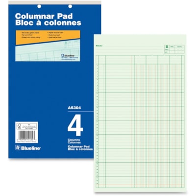 Blueline Columnar Pad - 50 Sheet(s) - Gummed - 8 1/4" (21 cm) x 14" (35.6 cm) Sheet Size - 2 x Holes - 4 Columns per Sheet - Green Sheet(s) - Blue Cover - Recycled - 1 Each 50 SHT GRN TINT 2 HOLE TOP PUNCHED 43 LINES DOMINION