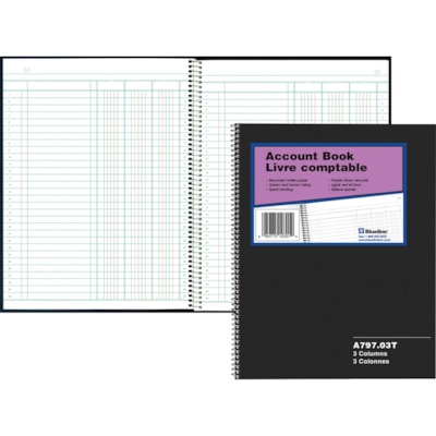 Blueline 797 Series Accounting Book - 100 Sheet(s) - Spiral Bound - 8" (20.3 cm) x 10 1/4" (26 cm) Sheet Size - 3 Columns per Sheet - White Sheet(s) - Black Cover - Recycled - 1 Each 100 PG C/BOUND 30 LINES WHT PAPER RULED RED & GRN BLUELINE
