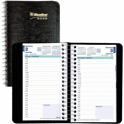 Blueline 2026 12-Month Daily Pocket Planner - January to December - 6" x 3-1/2" - Black - Bilingual - Daily - 12 Month - January 2026 to December 2026 - 7:00 AM to 7:30 PM - Half-hourly - 1 Day Single Page Layout - 3 1/2" (88.90 mm) x 6" (152.40 mm) Sheet Size - Spiral Bound - Black - Paper - Biling  