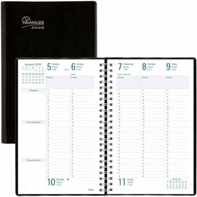 Blueline 2026 Timanager 13-Month Weekly/Monthly Planner - December to December - 9-1/16" x 5-7/8" - Black - English - Julian Dates - Weekly, Monthly - 13 Month - December 2025 to December 2026 - 7:00 AM to 8:30 PM - Half-hourly - 1 Week Double Page Layout - 5 7/8" (149.23 mm) x 9 11/64" (232.82 mm)   