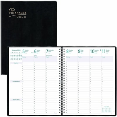 Blueline 2026 Timanager 13-Month Weekly/Monthly Planner - December to December - 11" x 8-1/2" - Noir - English - Julian Dates - Weekly, Monthly - 13 Month - December 2025 to December 2026 - 7:00 AM to 8:30 PM - Half-hourly, 7:00 AM to 6:30 PM - Sunday - 1 Week Double Page Layout - Letter - 8 1/2" (2  