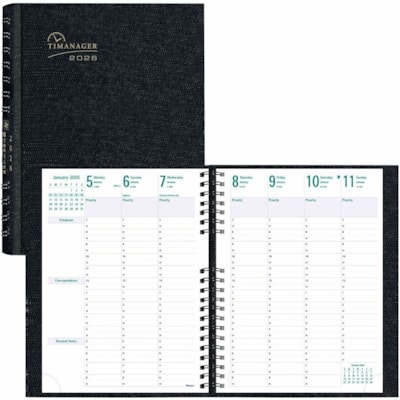 Blueline 2026 Timanager CoilPro 13-Month Weekly Planner - December to December - 11" x 8-1/2" - Black - English - Business - Weekly, Monthly - 13 Month - December 2025 to December 2026 - 7:00 AM to 8:30 PM - Half-hourly, 7:00 AM to 6:30 PM - Sunday - 1 Week Double Page Layout - Letter - 8 1/2" (215.  
