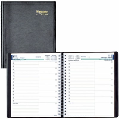 Blueline 2026 12-Month Daily Planner - January to December - 11" x 8-1/2" - Black - Bilingual - Daily - 12 Month - January 2026 to December 2026 - 7:00 AM to 8:30 PM - Half-hourly - Letter - 8 1/2" (215.90 mm) x 11" (279.40 mm) Sheet Size - Twin Wire - Black - Paper - Appointment Schedule, Soft Cove  
