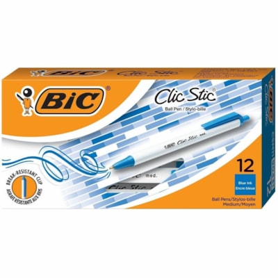 BIC Clic Stic Ball Pen - Medium Pen Point - Retractable - Blue Ink - White Barrel - 12 / Dozen DISPOSABLE LIGHTWEIGHT FEEL RETRACTABLE
