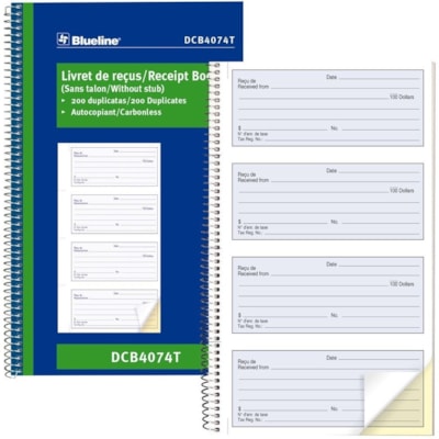 Blueline Receipt Book - 200 Sheet(s) - Spiral Bound - 2 Part - Carbonless Copy - 6 5/8" (16.8 cm) x 10 5/8" (27 cm) Sheet Size - Blue Cover - 1 Each 200 CARBONLESS DUPLICATES 4 PER PAGE  BILINGUAL